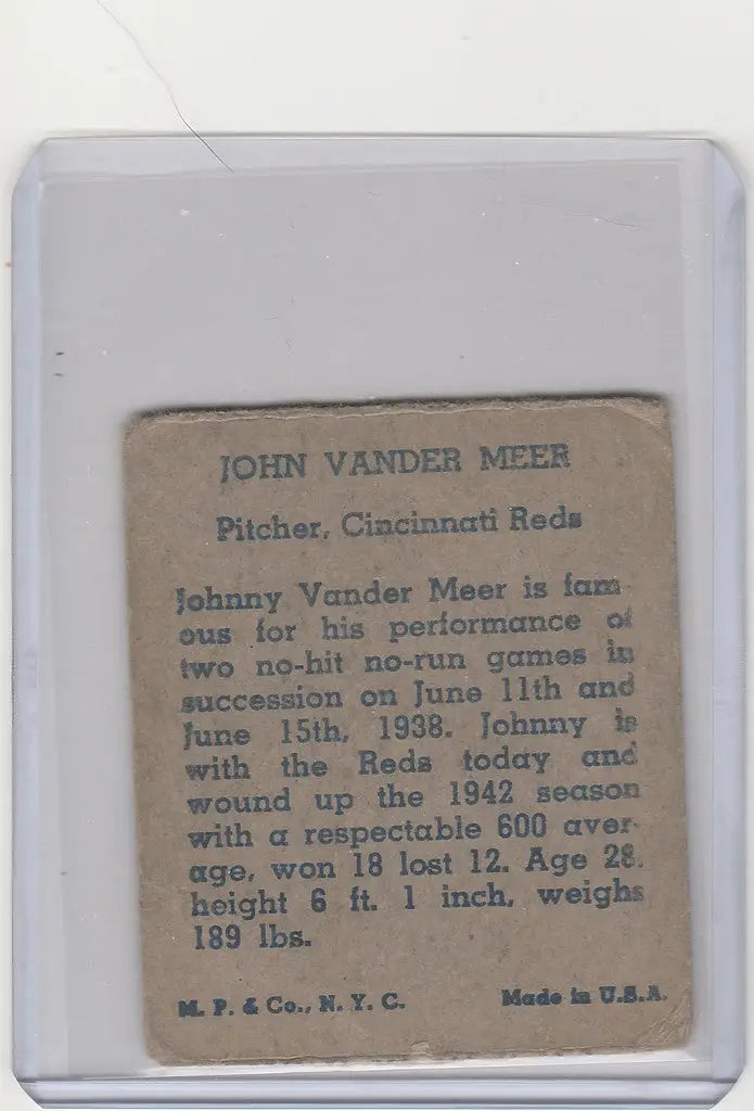 Vintage baseball card of Johnny Vander Meer, Cincinnati Reds player from 1943