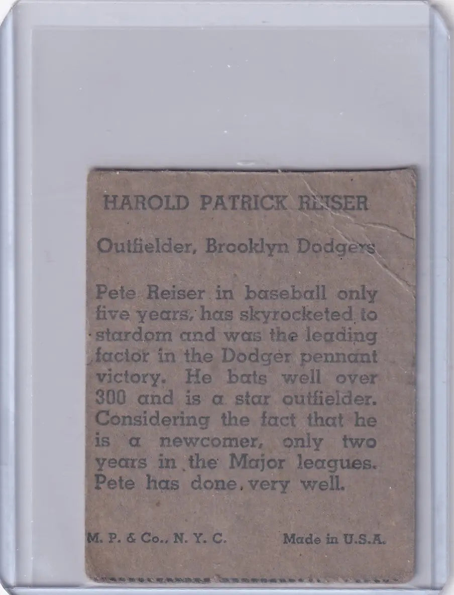 Vintage baseball card of Pete Reiser - Brooklyn Dodgers, featuring Harold Patrick Reiser