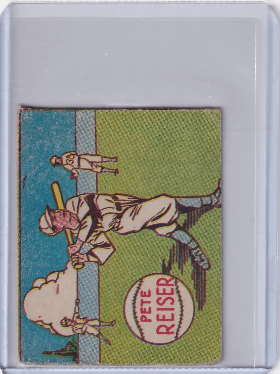 Vintage baseball card of Pete Reiser swinging bat for Brooklyn Dodgers with colorful background