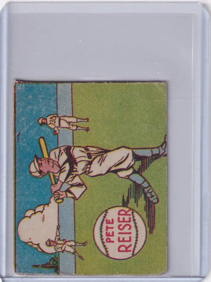 Vintage baseball card of Pete Reiser swinging bat for Brooklyn Dodgers with colorful background