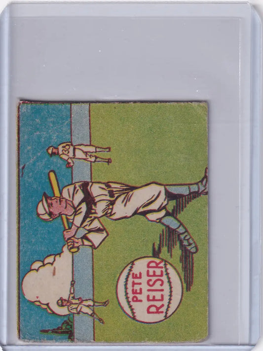 Vintage baseball card of Pete Reiser swinging bat for Brooklyn Dodgers with colorful background