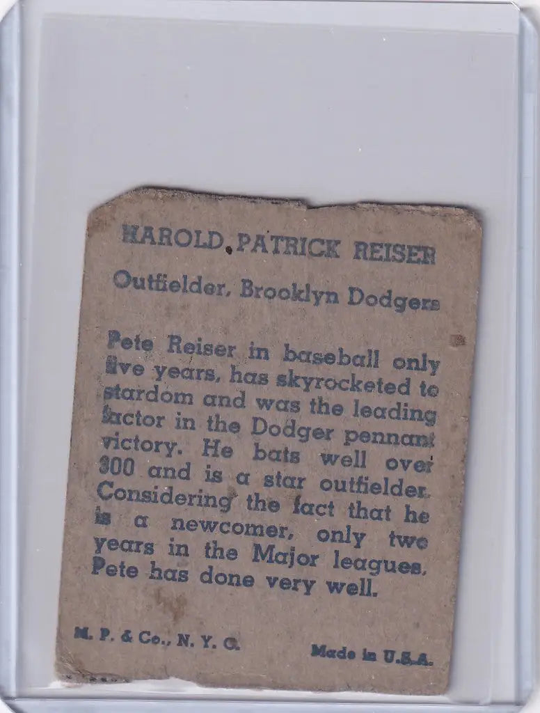 Vintage 1943 baseball card of Pete Reiser from the Brooklyn Dodgers collectors item