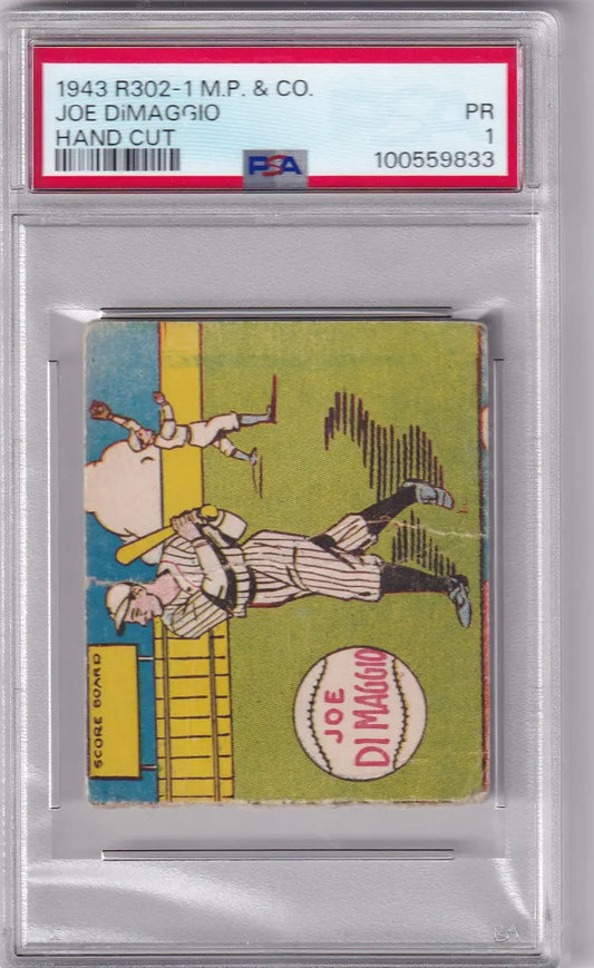 PSA-graded 1943 R302-1 M.P. & Co. Joe DiMaggio baseball card with cartoon player illustration