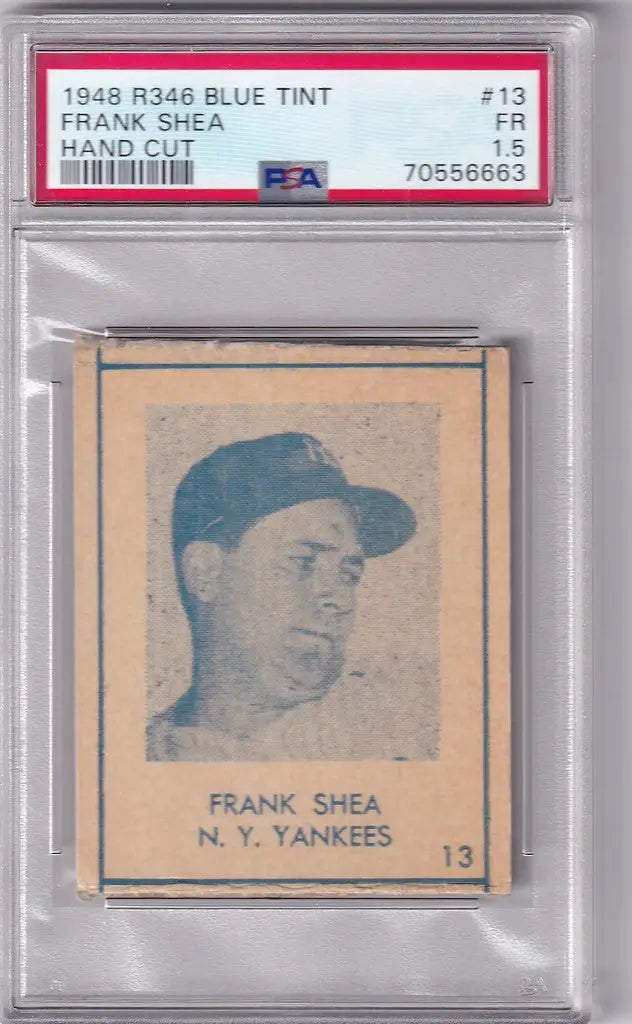 Graded 1948 R346 Blue Tint #13 Frank Shea PSA in protective case for New York Yankees fans