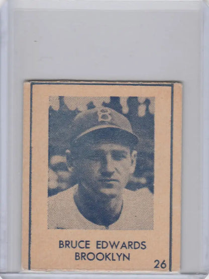 Vintage R346 Blue Tint #26 baseball card featuring Bruce Edwards Brooklyn Dodgers