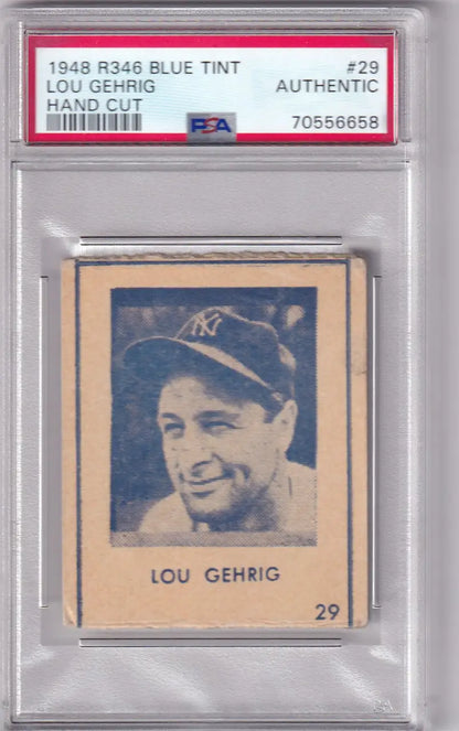 PSA-graded 1948 R346 Blue Tint baseball card of Lou Gehrig in protective holder