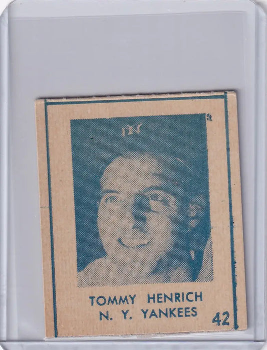 Baseball card featuring smiling Tommy Henrich from the 1948 R346 Blue Tint New York Yankees