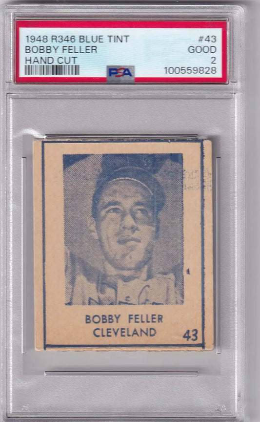 PSA-graded 1948 R346 Blue Tint #43 Bobby Feller card featuring Cleveland Indians player