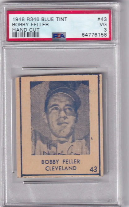 PSA-graded 1948 R346 Blue Tint #43 Bobby Feller card in protective case for collectors