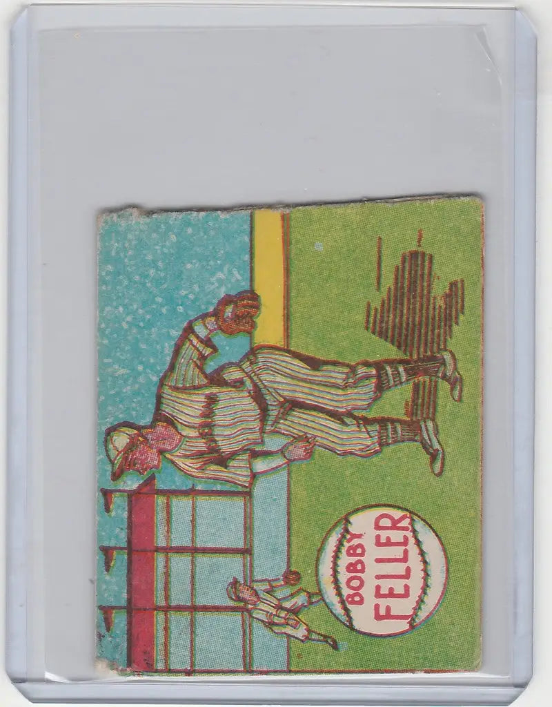 Vintage trading card of Bob Feller sliding into base for the Cleveland Indians