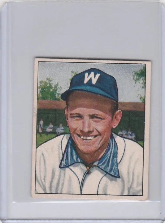 Baseball card of Gil Coan smiling in a cap for Washington Senators 1950 Bowman #54