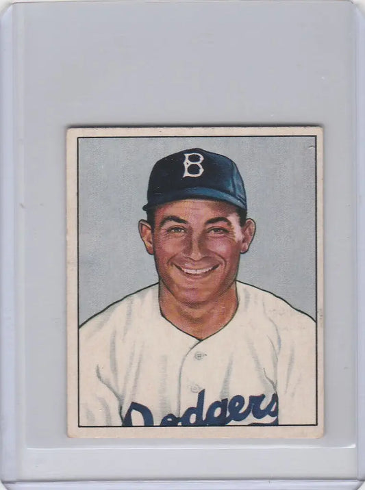 Baseball card of Carl Furillo, Brooklyn Dodgers EXMT, smiling in a Dodgers uniform