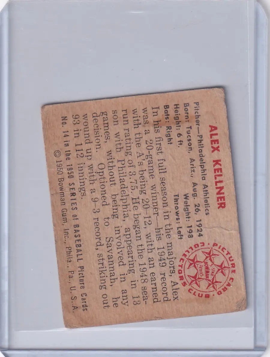 Worn 1950 Bowman Baseball card of Alex Kellner featuring Philadelphia Athletics stamp