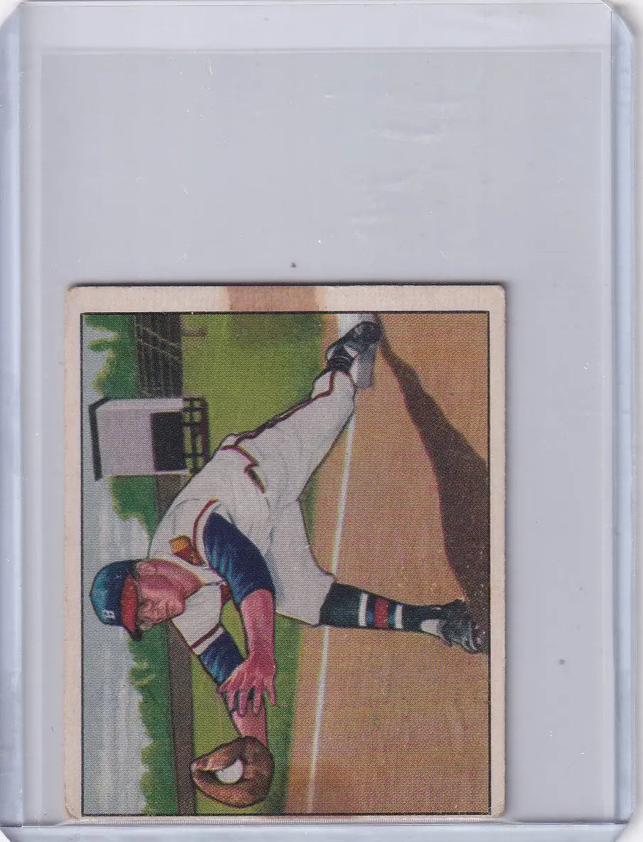 Earl Torgeson fields a ground ball in white uniform on 1950 Bowman Baseball card