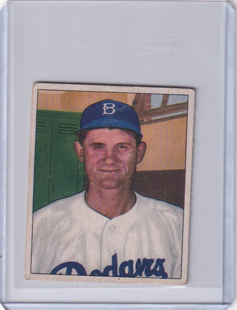 Vintage 1950 Bowman Baseball card of Preacher Roe from Brooklyn Dodgers in white uniform