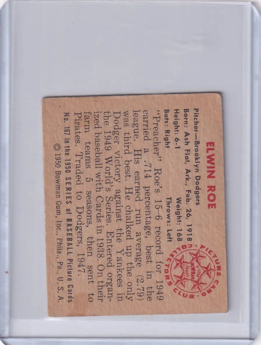 Vintage Bowman Baseball card featuring Preacher Roe of the Brooklyn Dodgers with seal