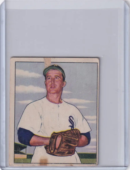 Vintage Bowman Baseball card of Mickey Haefner, Chicago White Sox player with glove