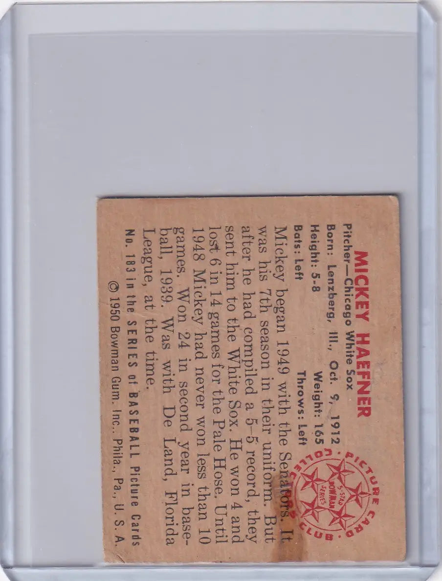 Back side of a 1950 Bowman Baseball card for Mickey Haefner of the Chicago White Sox