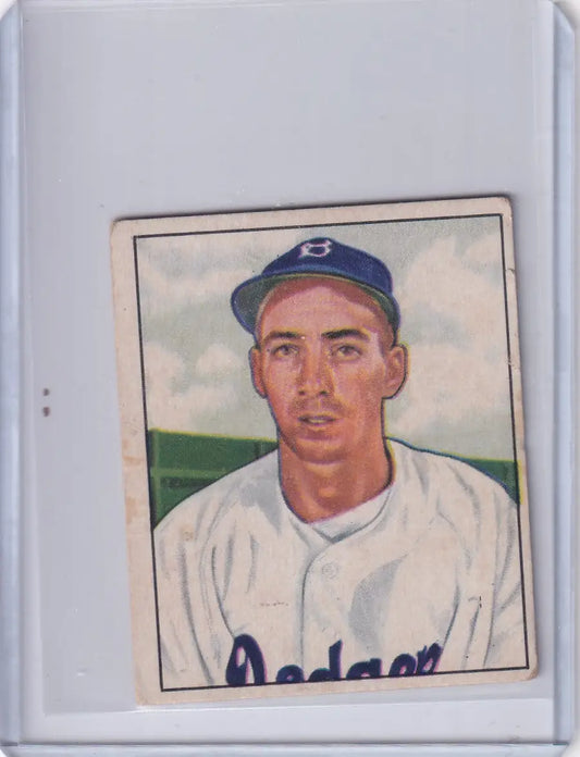 Vintage 1950 Bowman Baseball card of Billy Cox, Brooklyn Dodgers in white uniform and blue cap