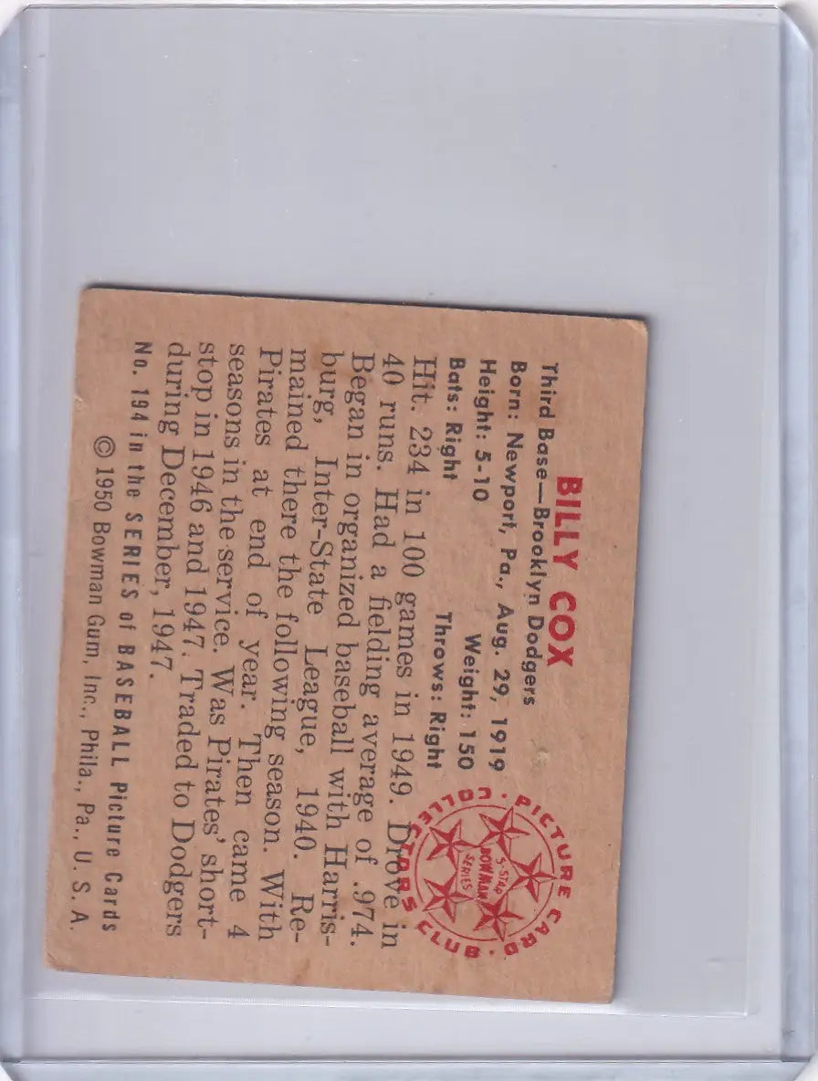 Vintage paper ticket featuring red text and stamp, 1950 Bowman Baseball Billy Cox