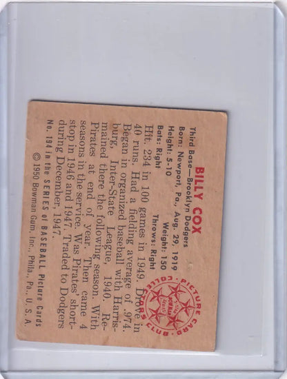 Vintage paper ticket featuring red text and stamp, 1950 Bowman Baseball Billy Cox