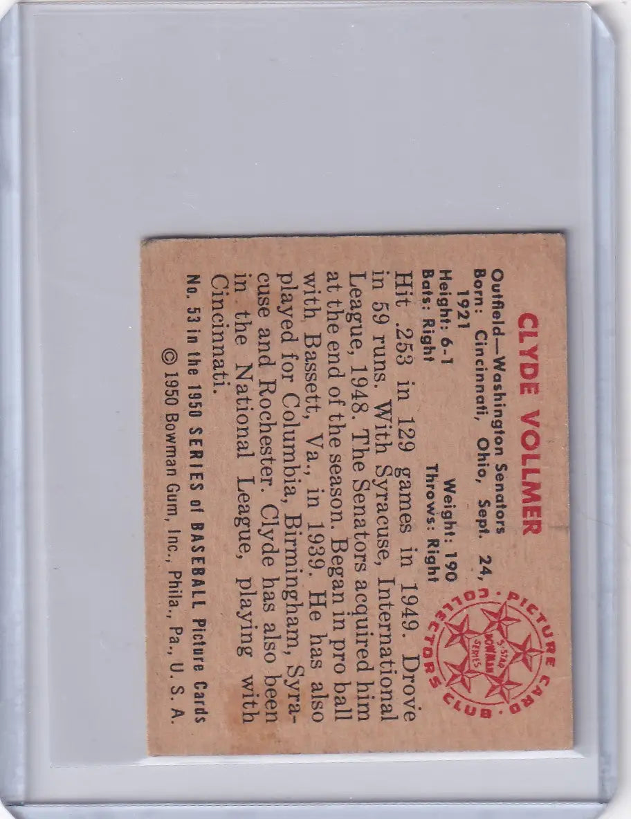 Vintage 1950 Bowman Baseball card of Clyde Vollmer with red seal and aged paper