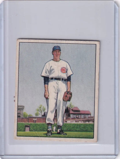 Vintage Bowman Baseball card of Bob Rush in Chicago Cubs uniform with glove