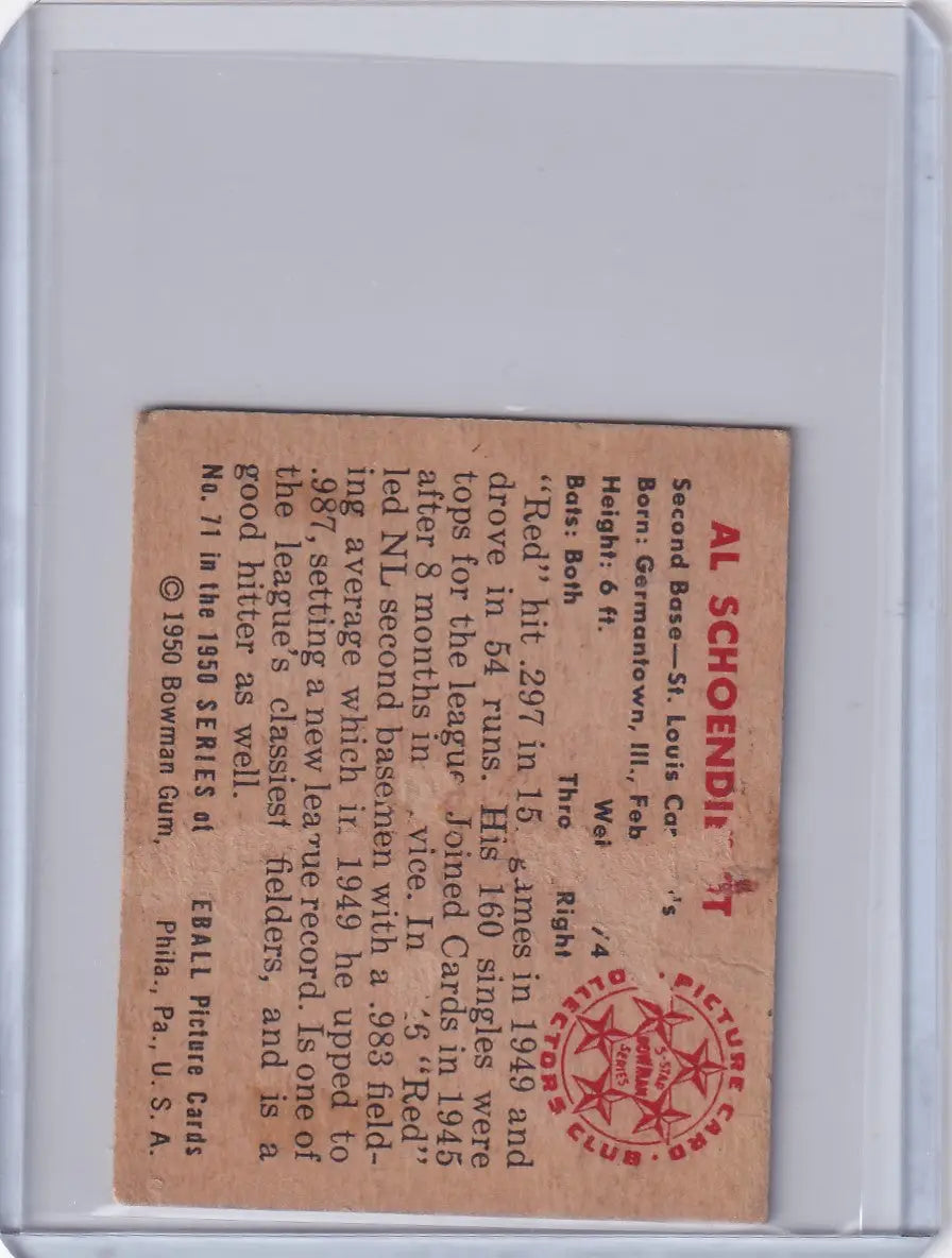 Vintage paper ticket featuring Red Schoendienst from Bowman Baseball and St. Louis Cardinals