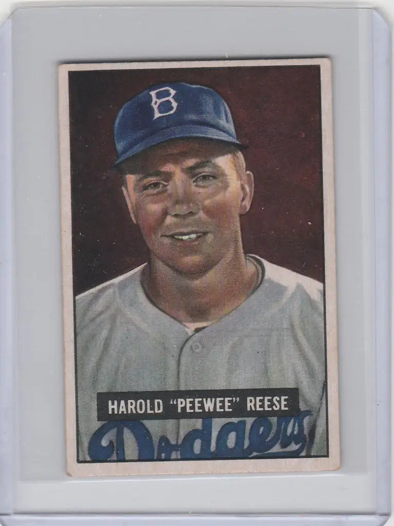 Baseball card of Peewee Reese smiling in a Brooklyn Dodgers cap and uniform