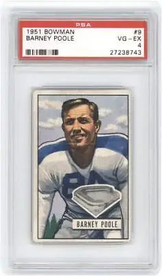 Graded vintage 1951 Bowman Barney Poole #9 Football card in PSA 4 condition