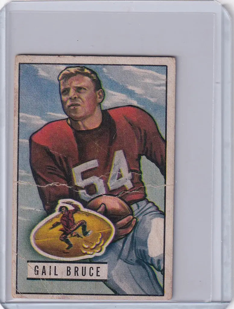 Vintage Bowman Football card of Gail Bruce in red jersey 54 for San Francisco 49ers