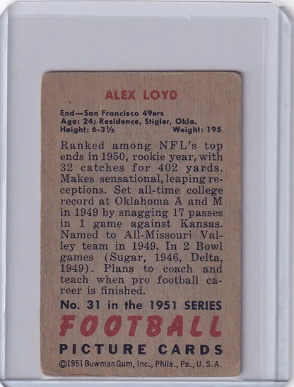 Vintage Bowman Football trading card of Alex Loyd showcasing San Francisco 49ers stats