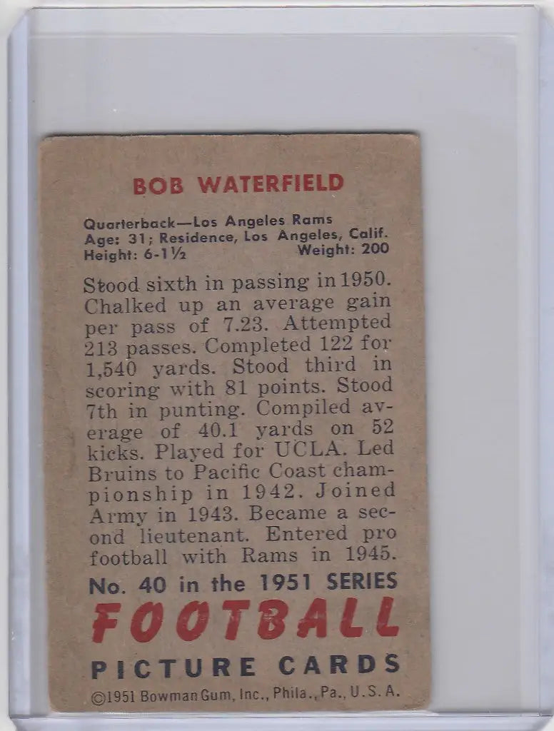 Vintage 1951 Bowman Football card of Bob Waterfield from the Los Angeles Rams