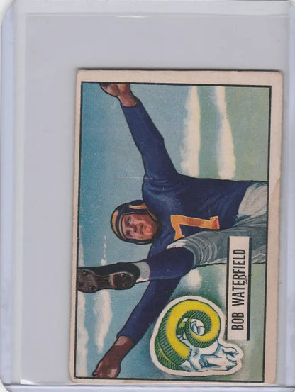 Vintage Bowman Football card of Bob Waterfield in blue Los Angeles Rams uniform