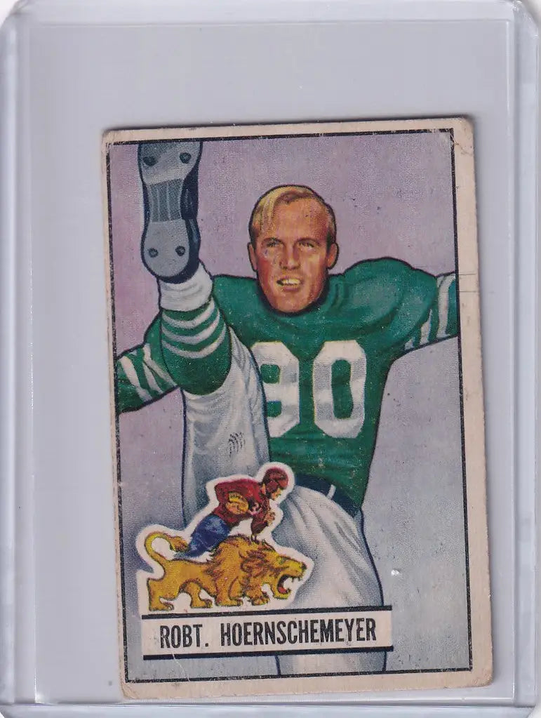 Vintage Bowman Football card of Bob Hoernschemeyer in green jersey for Detroit Lions