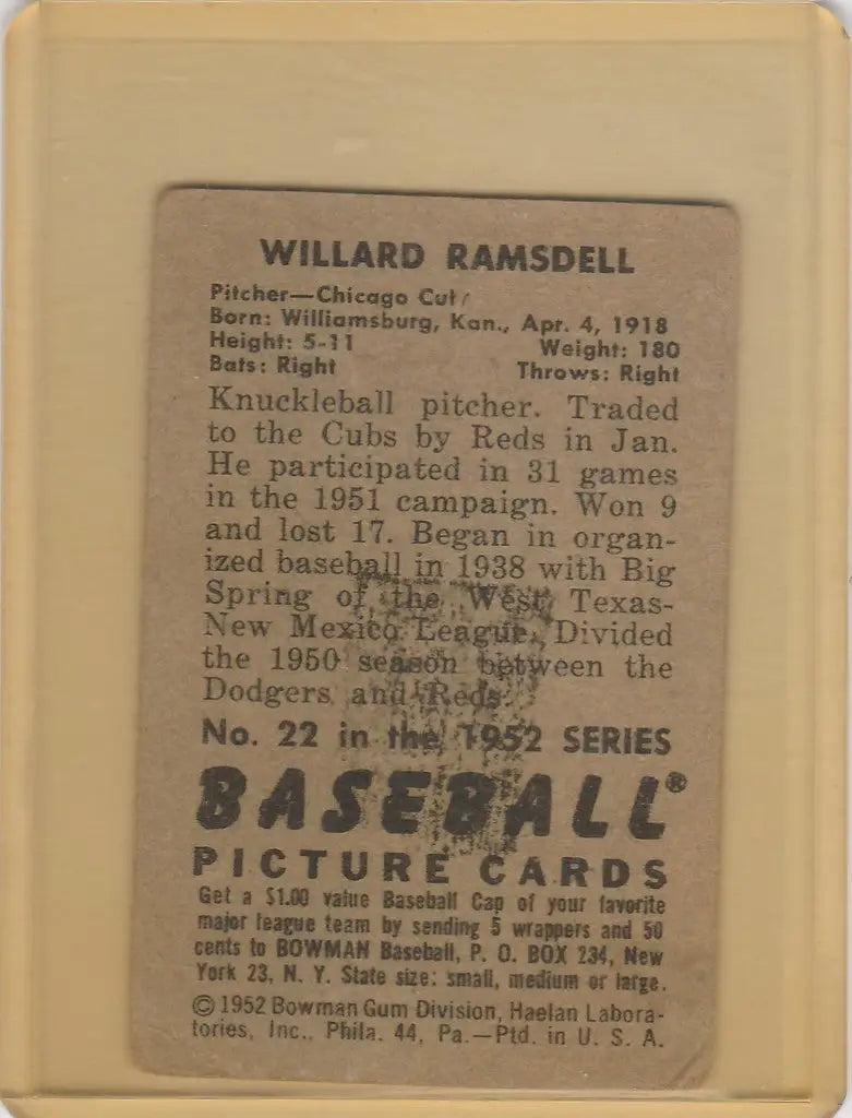 Vintage baseball card featuring Willard Ramsdell Chicago Cubs statistics and biography