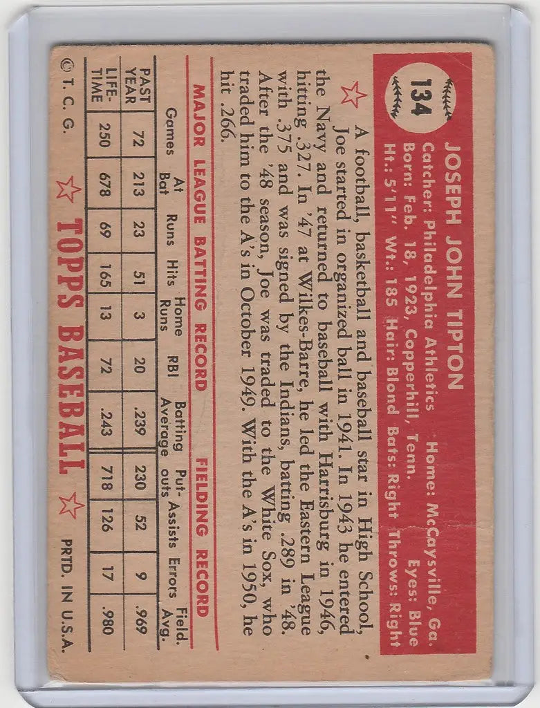 Vintage 1952 Topps #134 Joe Tipton Philadelphia Athletics baseball card with player stats