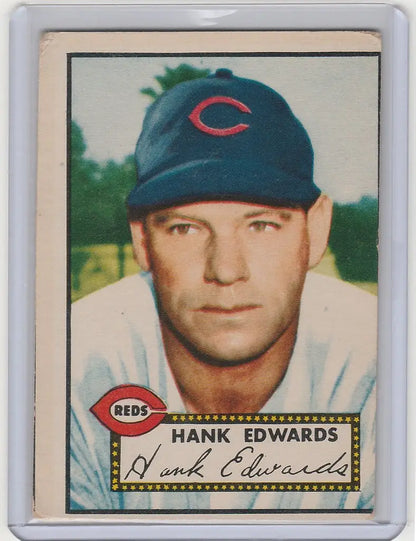 Baseball card of Hank Edwards Cincinnati Reds wearing cap with C logo EX condition