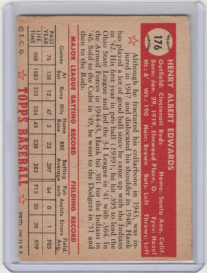 Vintage 1952 Topps #176 Hank Edwards Cincinnati Reds baseball card with player stats