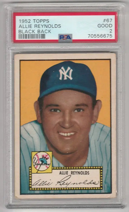 Graded 1952 Topps #67 Allie Reynolds Black Back New York Yankees PSA 2 baseball card