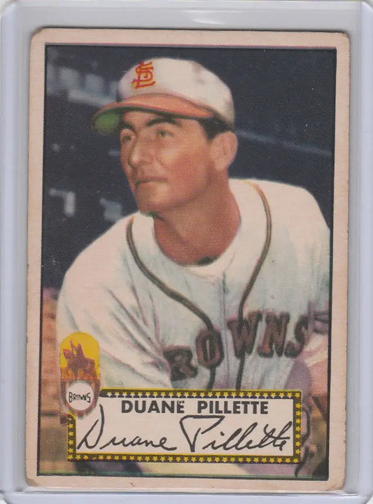 Vintage baseball card of Duane Pillette in St. Louis Browns uniform cap