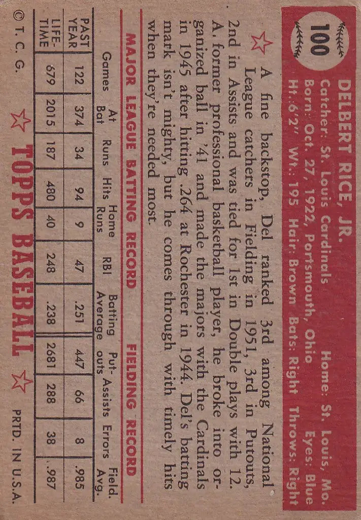 Vintage 1952 Topps Baseball card featuring Del Rice St Louis player statistics and biography