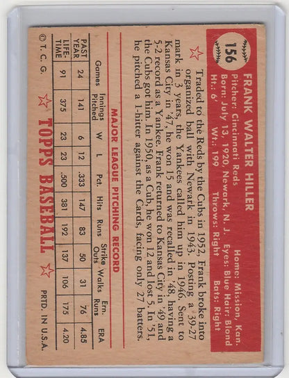 Vintage Topps Baseball card of Frank Hiller Cincinnati Reds with player stats and bio