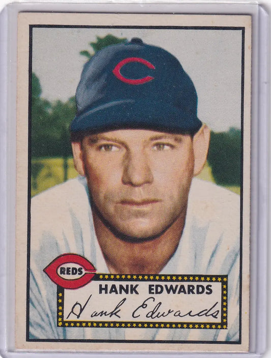 Vintage 1952 Topps Baseball card of Hank Edwards with Cincinnati Reds dark cap logo