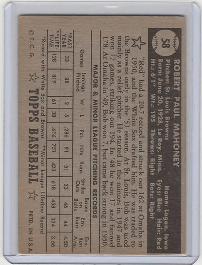 1952 Topps Baseball card of Bob Mahoney with stats and info for St Louis Browns