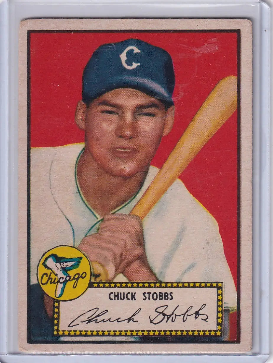 Vintage 1952 Topps Baseball card of Chuck Stobbs, Chicago White Sox player with bat