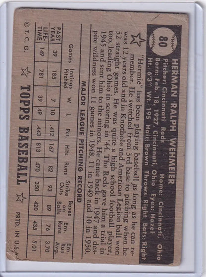 Vintage 1952 Topps Baseball card featuring Herman Wehmeier Cincinnati Reds statistics