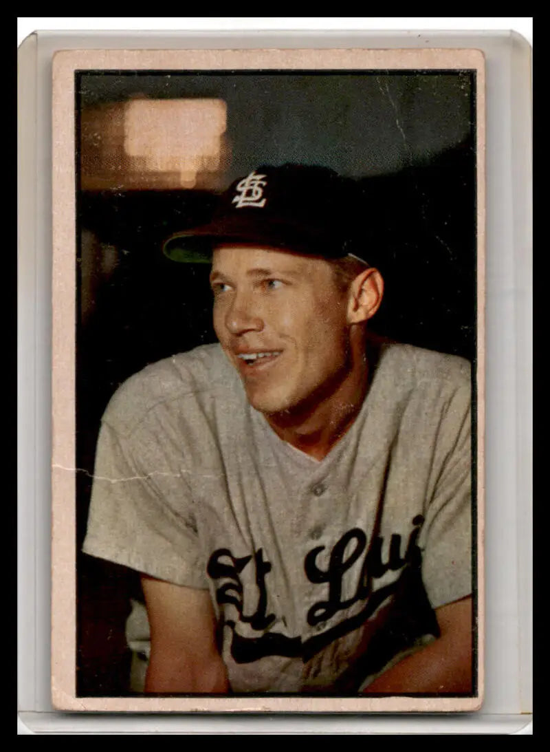 Baseball player in St. Louis uniform smiles on 1953 Bowman Color Don Lenhardt card