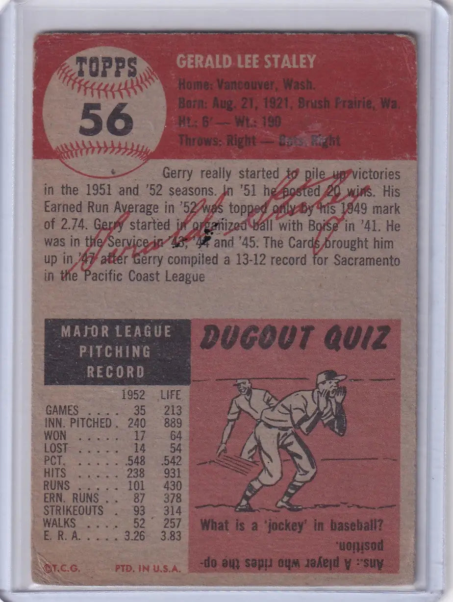 Vintage 1956 Topps Baseball card of Jerry Staley, St. Louis Cardinals with stats and quiz