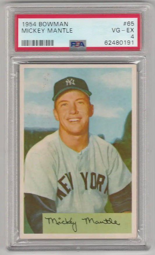 Graded baseball card of Mickey Mantle in Yankees uniform, PSA 4 condition